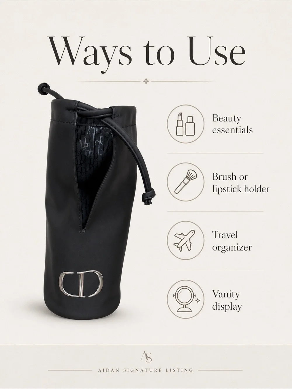 Dior Black CD Drawstring Beauty Pouch Cosmetic Bag